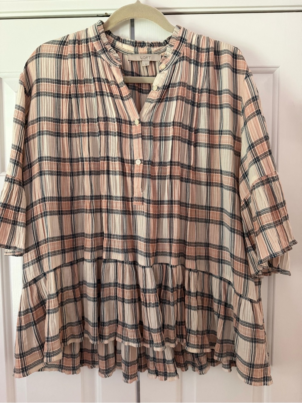 LOFT Plaid Button-Front Peplum Blouse
